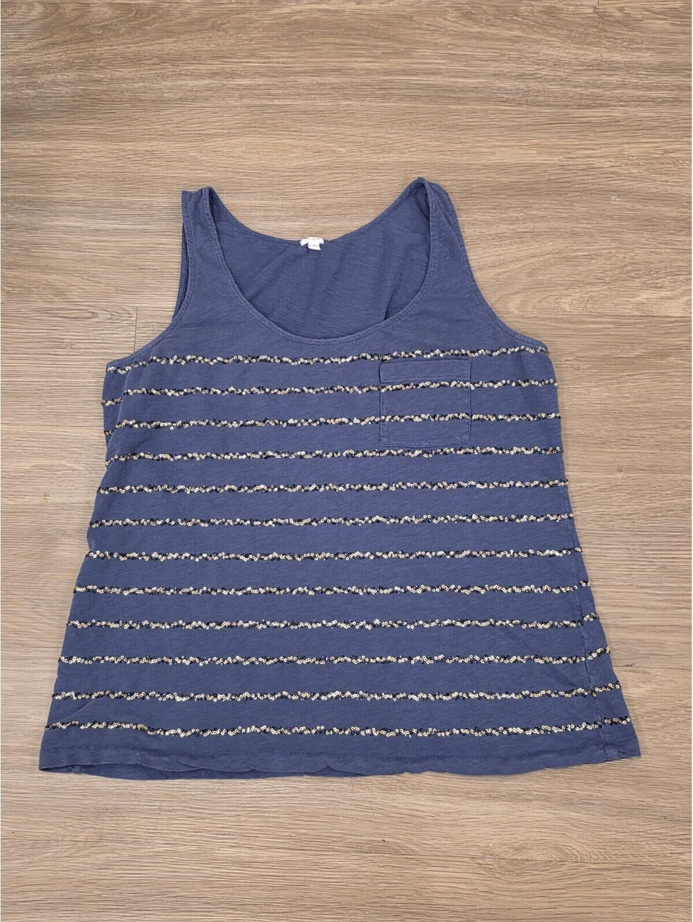 J.Crew Womens Large Blue 100% Cotton Sequin Stripe Pocket Tank Top